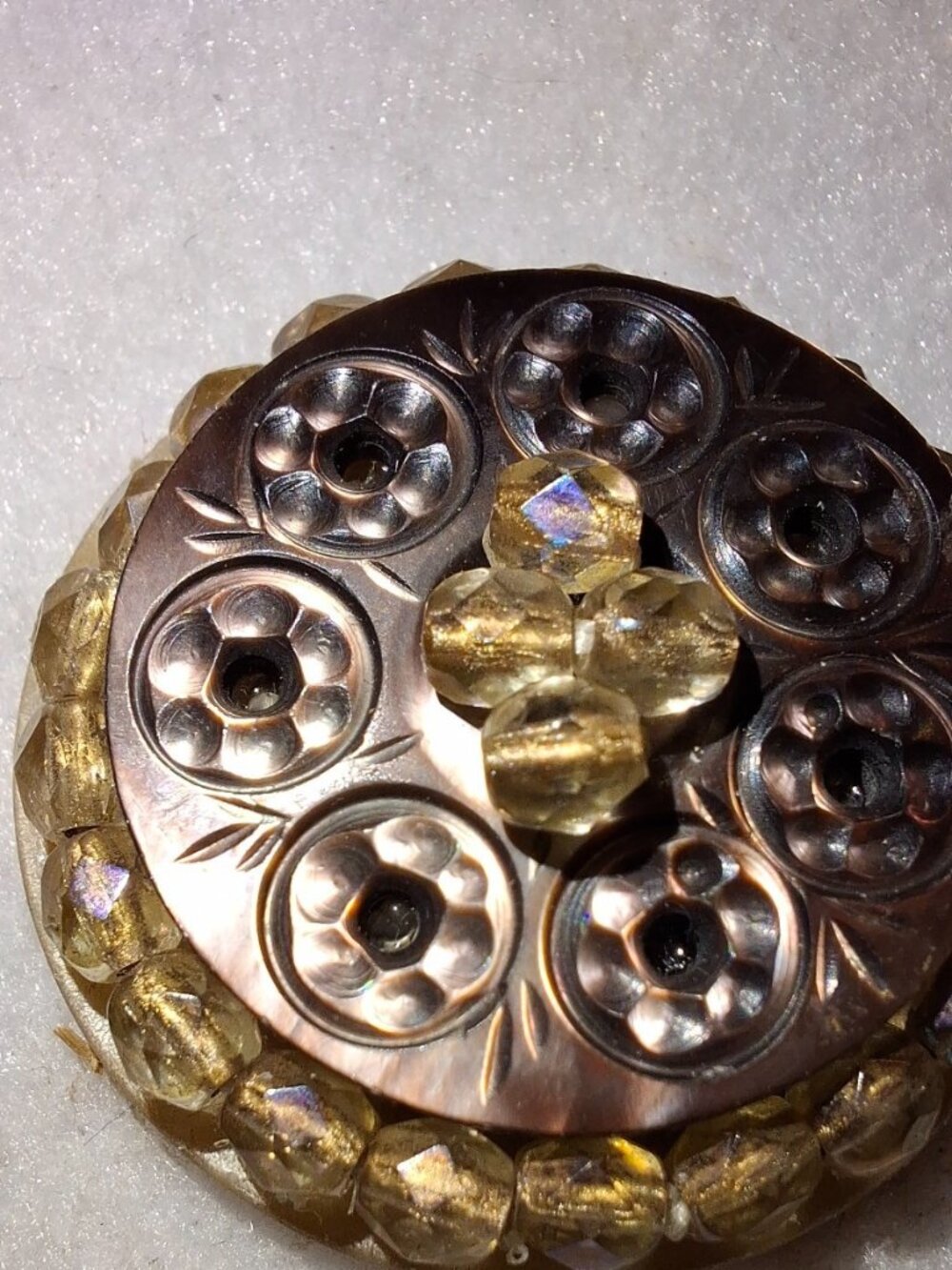Antique Victorian Mother of Pearl Button Carved ab crystal beads layered shell